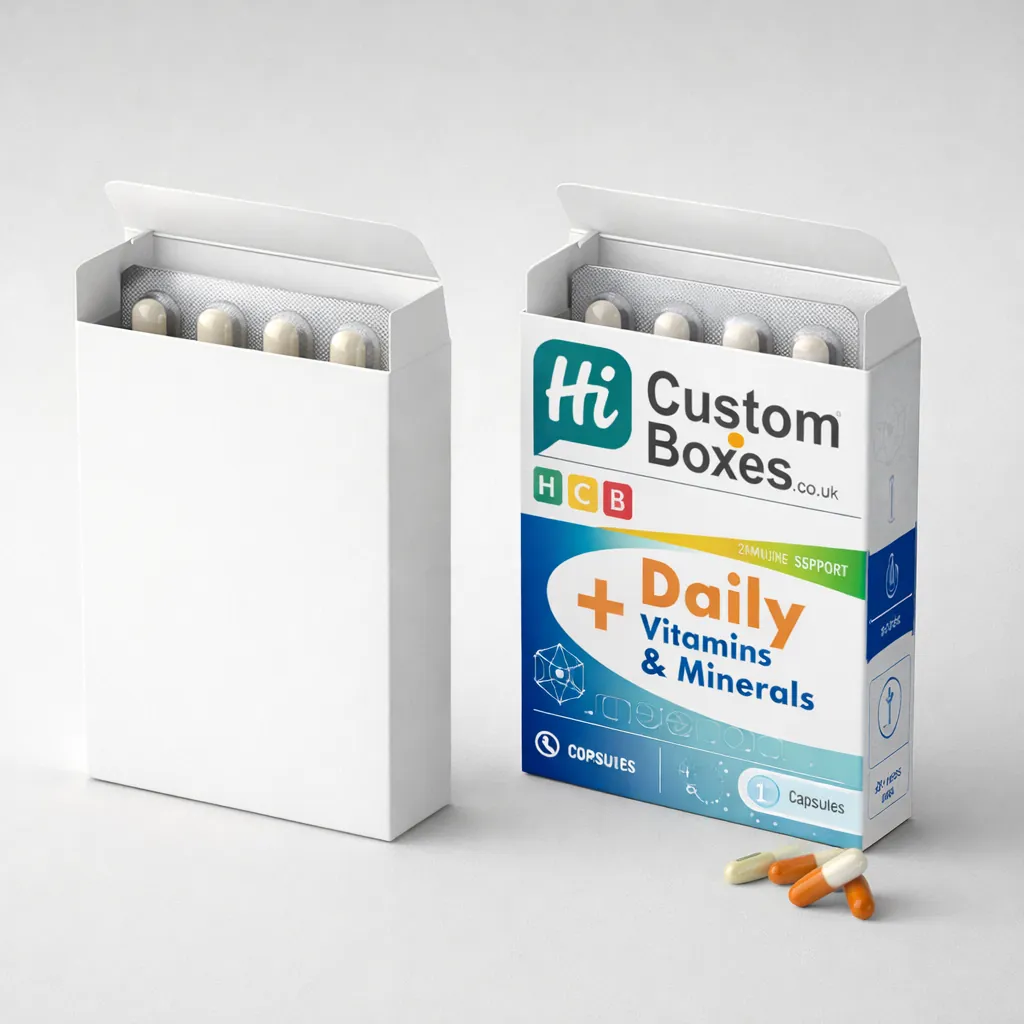 Two open white boxes showing pill blister packs inside, one plain and one with blue branding. class=